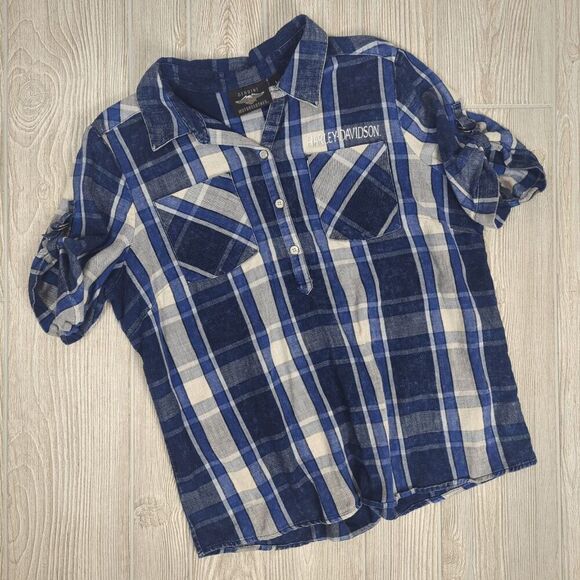 Harley Davidson Blue Plaid Pullover Short Sleeve Half Button Size Large - Picture 6 of 8